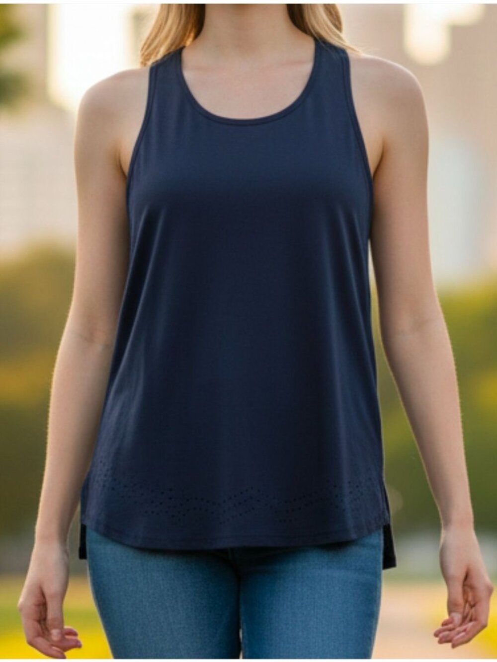 Sleeveless Navy Blue Racerback Tank Top With Laser-Cut Hem Detail Lightweight &